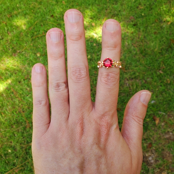 Grand Romantic Gesture Red Ruby Rose Emerald Green Leaf Gemstone 925 Golden Ring - Picture 14 of 16